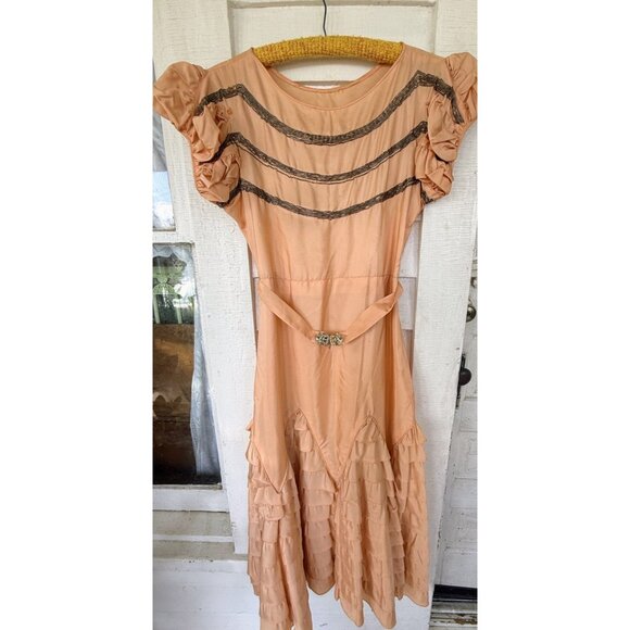 None Dresses & Skirts - Antique 30's Peach Taffeta Satin Beaded Ruffled Dress AS IS TLC Size XS/S